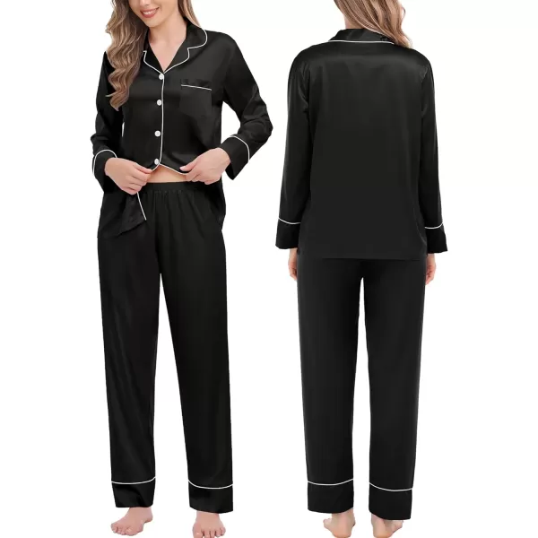 SWOMOG Couples Matching Pajamas Sets Silk Satin Long Sleeve Button Down Sleepwear 2 Pieces Classic LoungewearMen Black