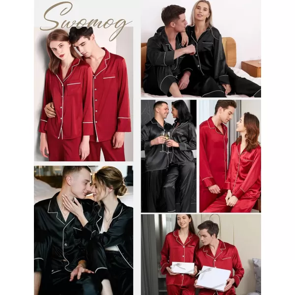 SWOMOG Couples Matching Pajamas Sets Silk Satin Long Sleeve Button Down Sleepwear 2 Pieces Classic LoungewearMen Black