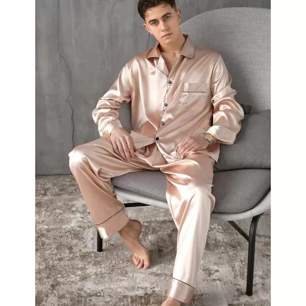 SWOMOG Couples Matching Pajamas Sets Silk Satin Long Sleeve Button Down Sleepwear 2 Pieces Classic LoungewearMen Champagne