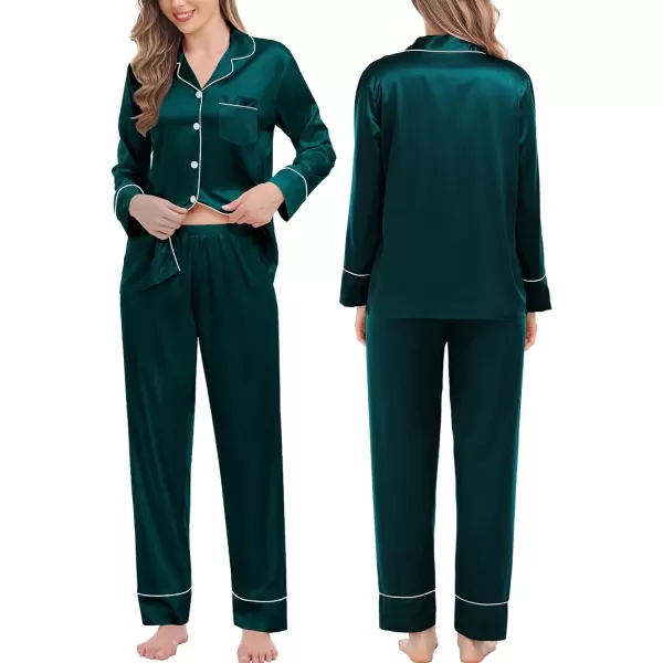 SWOMOG Couples Matching Pajamas Sets Silk Satin Long Sleeve Button Down Sleepwear 2 Pieces Classic LoungewearMen Deep Green