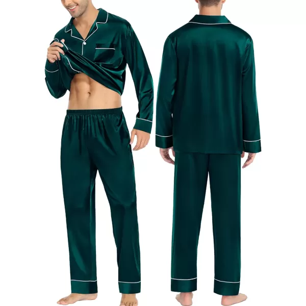 SWOMOG Couples Matching Pajamas Sets Silk Satin Long Sleeve Button Down Sleepwear 2 Pieces Classic LoungewearMen Deep Green