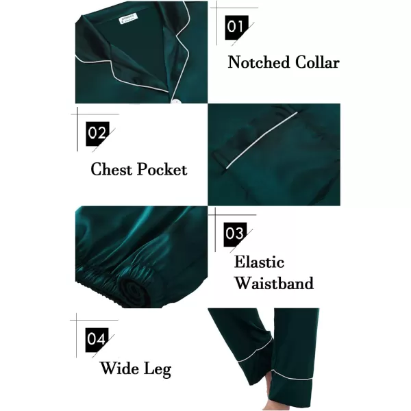 SWOMOG Couples Matching Pajamas Sets Silk Satin Long Sleeve Button Down Sleepwear 2 Pieces Classic LoungewearMen Deep Green