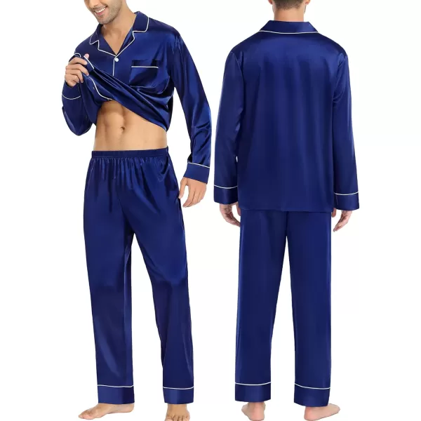 SWOMOG Couples Matching Pajamas Sets Silk Satin Long Sleeve Button Down Sleepwear 2 Pieces Classic LoungewearMen Navy Blue