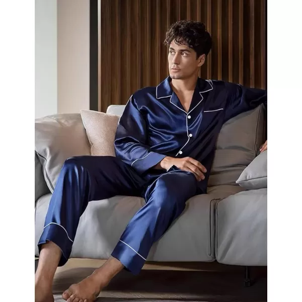 SWOMOG Couples Matching Pajamas Sets Silk Satin Long Sleeve Button Down Sleepwear 2 Pieces Classic LoungewearMen Navy Blue