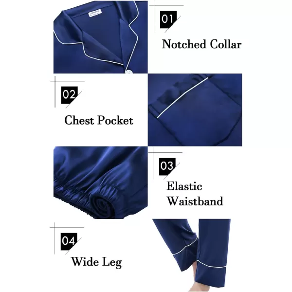 SWOMOG Couples Matching Pajamas Sets Silk Satin Long Sleeve Button Down Sleepwear 2 Pieces Classic LoungewearMen Navy Blue