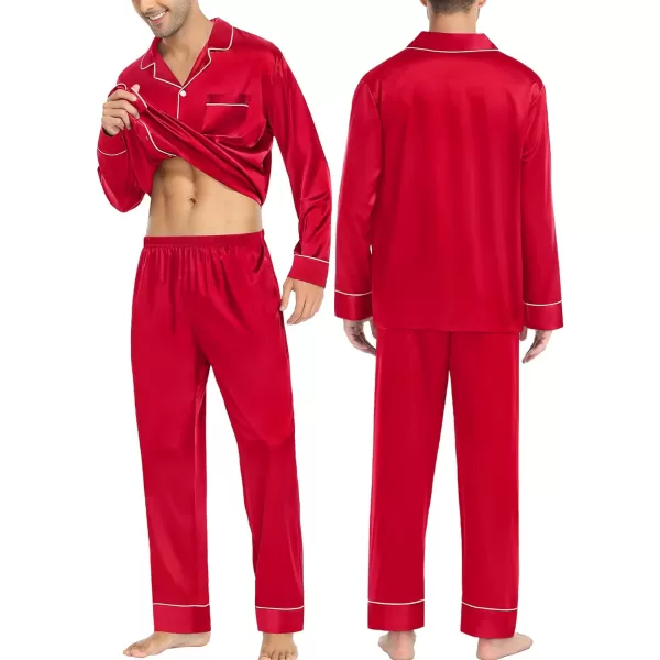 SWOMOG Couples Matching Pajamas Sets Silk Satin Long Sleeve Button Down Sleepwear 2 Pieces Classic LoungewearMen Red