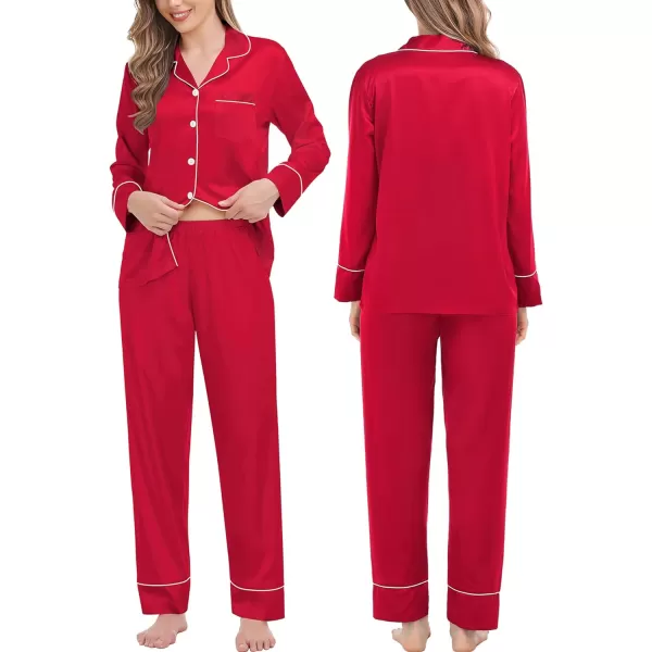 SWOMOG Couples Matching Pajamas Sets Silk Satin Long Sleeve Button Down Sleepwear 2 Pieces Classic LoungewearMen Red