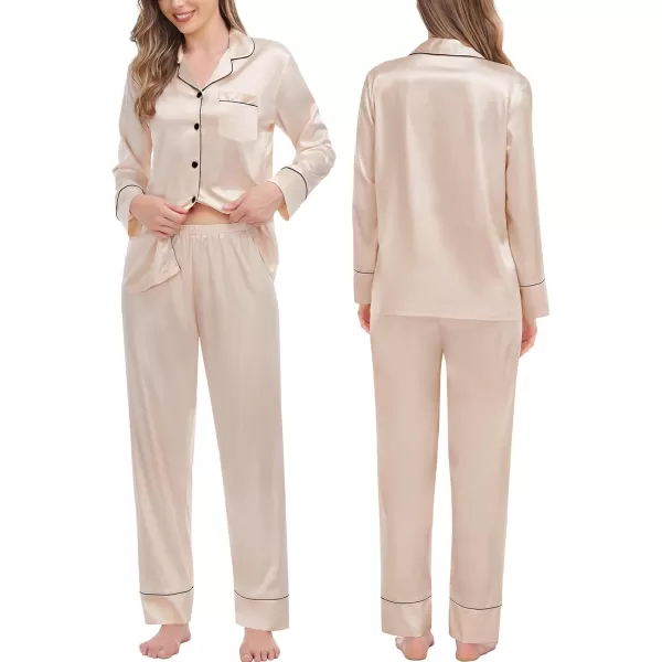 SWOMOG Couples Matching Pajamas Sets Silk Satin Long Sleeve Button Down Sleepwear 2 Pieces Classic LoungewearWomen Champagne