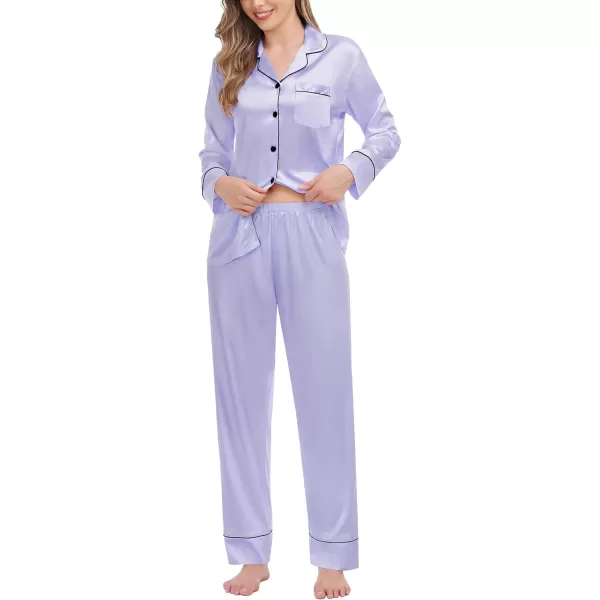 SWOMOG Couples Matching Pajamas Sets Silk Satin Long Sleeve Button Down Sleepwear 2 Pieces Classic LoungewearWomen Lavender