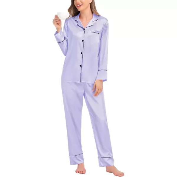 SWOMOG Couples Matching Pajamas Sets Silk Satin Long Sleeve Button Down Sleepwear 2 Pieces Classic LoungewearWomen Lavender