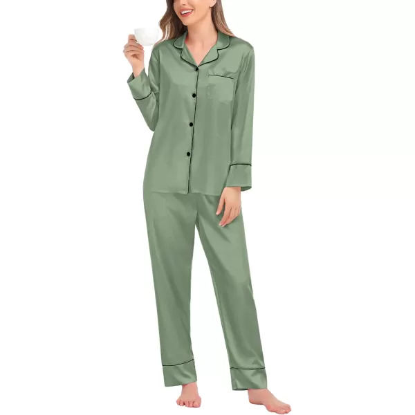 SWOMOG Couples Matching Pajamas Sets Silk Satin Long Sleeve Button Down Sleepwear 2 Pieces Classic LoungewearWomen Matcha