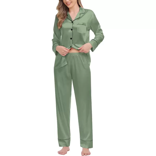 SWOMOG Couples Matching Pajamas Sets Silk Satin Long Sleeve Button Down Sleepwear 2 Pieces Classic LoungewearWomen Matcha