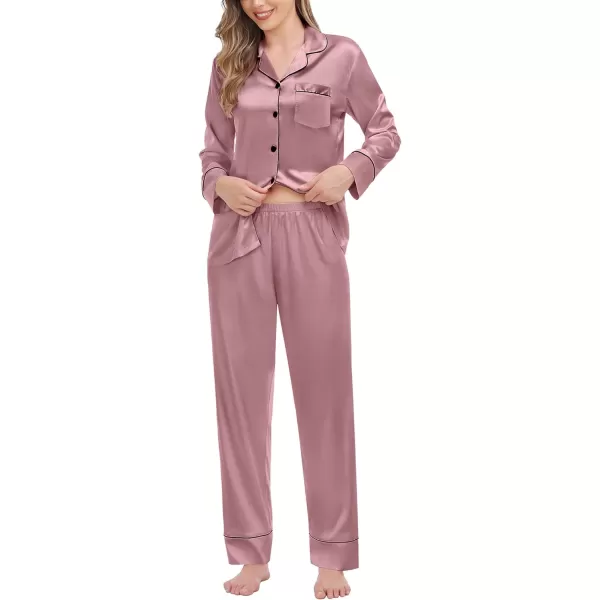 SWOMOG Couples Matching Pajamas Sets Silk Satin Long Sleeve Button Down Sleepwear 2 Pieces Classic LoungewearWomen Misty Rose