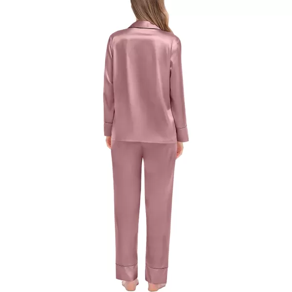 SWOMOG Couples Matching Pajamas Sets Silk Satin Long Sleeve Button Down Sleepwear 2 Pieces Classic LoungewearWomen Misty Rose