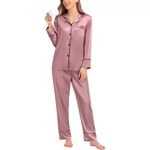 SWOMOG Couples Matching Pajamas Sets Silk Satin Long Sleeve Button Down Sleepwear 2 Pieces Classic LoungewearWomen Misty Rose