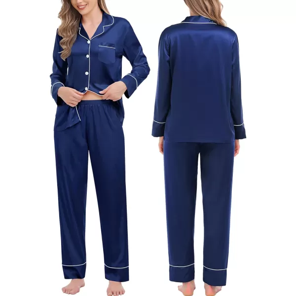 SWOMOG Couples Matching Pajamas Sets Silk Satin Long Sleeve Button Down Sleepwear 2 Pieces Classic LoungewearWomen Navy Blue