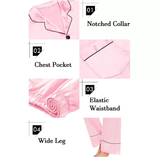 SWOMOG Couples Matching Pajamas Sets Silk Satin Long Sleeve Button Down Sleepwear 2 Pieces Classic LoungewearWomen Pink