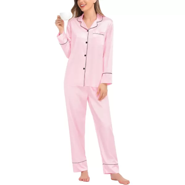 SWOMOG Couples Matching Pajamas Sets Silk Satin Long Sleeve Button Down Sleepwear 2 Pieces Classic LoungewearWomen Pink