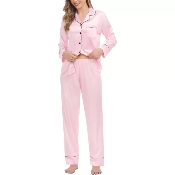 SWOMOG Couples Matching Pajamas Sets Silk Satin Long Sleeve Button Down Sleepwear 2 Pieces Classic LoungewearWomen Pink