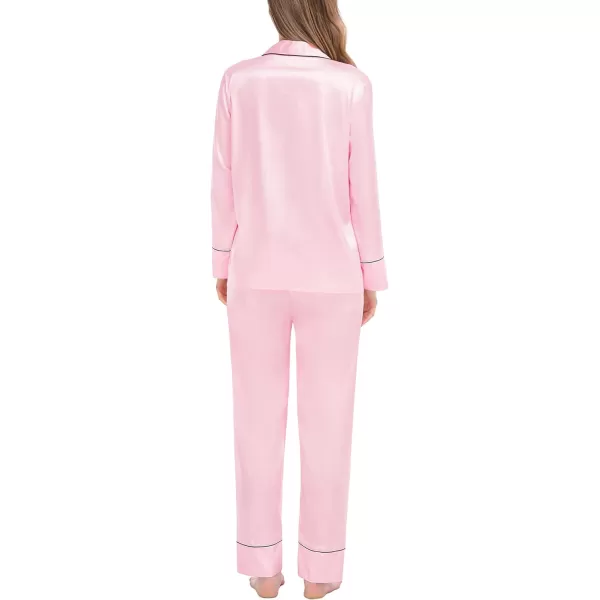 SWOMOG Couples Matching Pajamas Sets Silk Satin Long Sleeve Button Down Sleepwear 2 Pieces Classic LoungewearWomen Pink