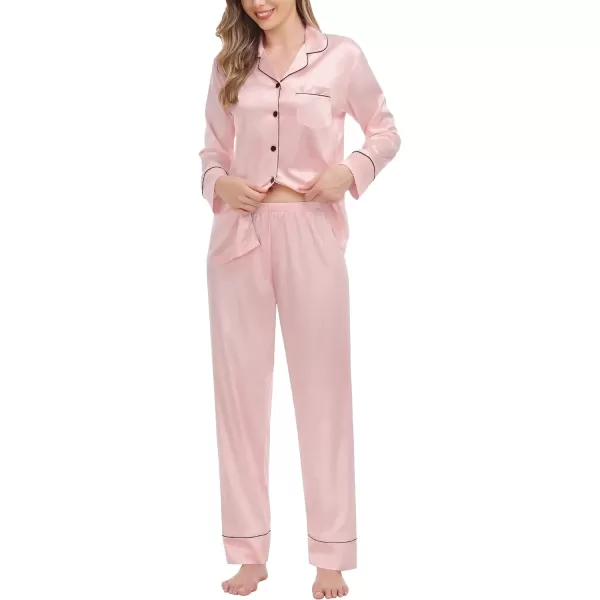 SWOMOG Couples Matching Pajamas Sets Silk Satin Long Sleeve Button Down Sleepwear 2 Pieces Classic LoungewearWomen Sakura Pink