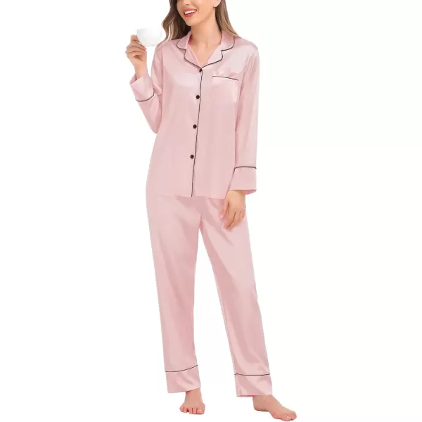 SWOMOG Couples Matching Pajamas Sets Silk Satin Long Sleeve Button Down Sleepwear 2 Pieces Classic LoungewearWomen Sakura Pink