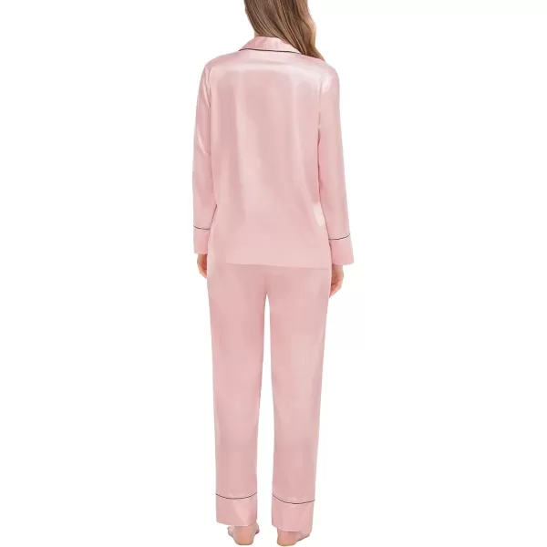 SWOMOG Couples Matching Pajamas Sets Silk Satin Long Sleeve Button Down Sleepwear 2 Pieces Classic LoungewearWomen Sakura Pink