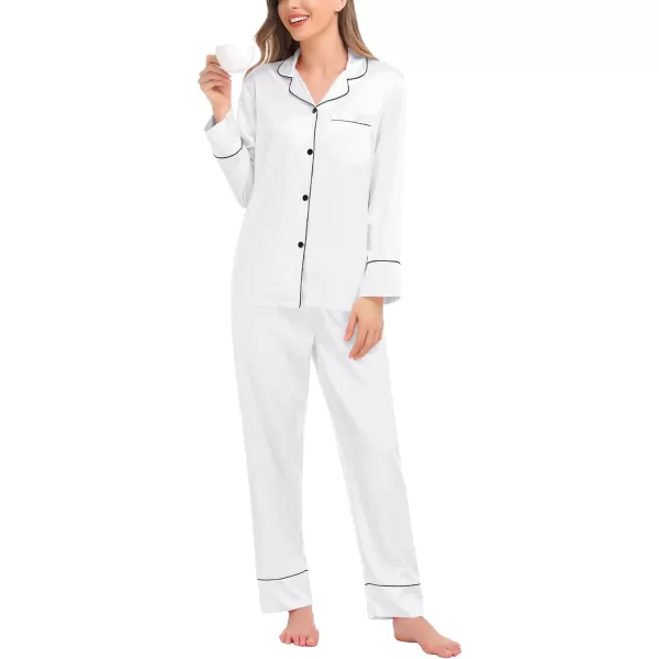 SWOMOG Couples Matching Pajamas Sets Silk Satin Long Sleeve Button Down Sleepwear 2 Pieces Classic LoungewearWomen White