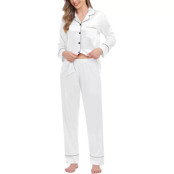 SWOMOG Couples Matching Pajamas Sets Silk Satin Long Sleeve Button Down Sleepwear 2 Pieces Classic LoungewearWomen White