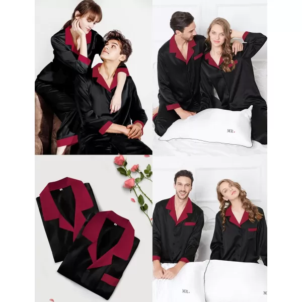 SWOMOG Couples Matching Pajamas Sets Silk Satin Long Sleeve Sleepwear ButtonDown Soft Loungewear Loose Pjs SetMen Black