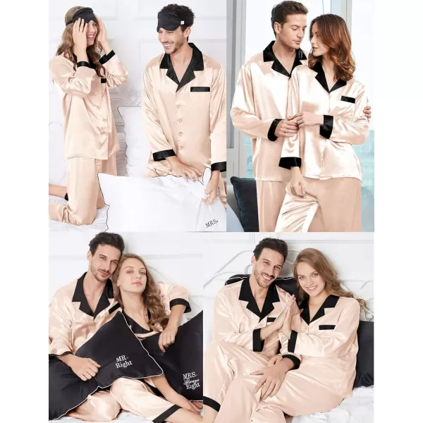 SWOMOG Couples Matching Pajamas Sets Silk Satin Long Sleeve Sleepwear ButtonDown Soft Loungewear Loose Pjs SetMen Champagne