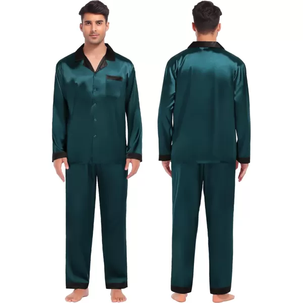 SWOMOG Couples Matching Pajamas Sets Silk Satin Long Sleeve Sleepwear ButtonDown Soft Loungewear Loose Pjs SetMen Deep Green