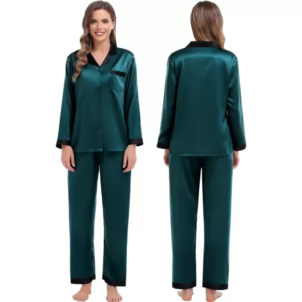 SWOMOG Couples Matching Pajamas Sets Silk Satin Long Sleeve Sleepwear ButtonDown Soft Loungewear Loose Pjs SetMen Deep Green