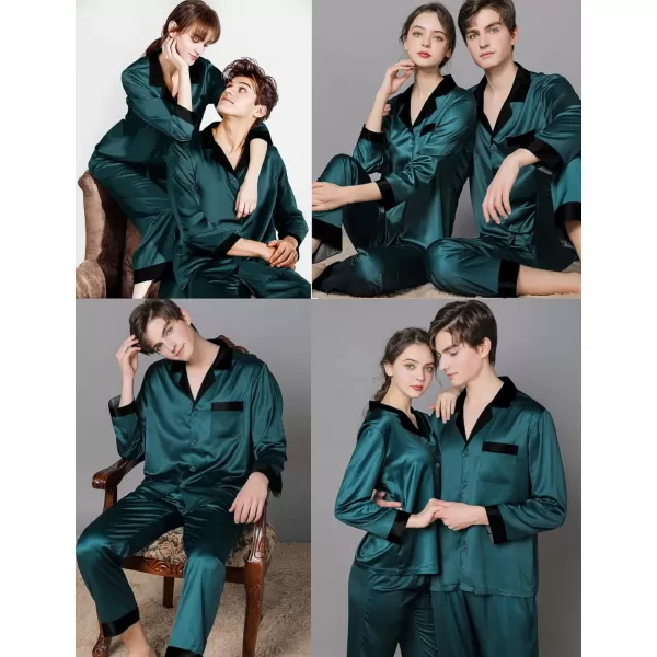 SWOMOG Couples Matching Pajamas Sets Silk Satin Long Sleeve Sleepwear ButtonDown Soft Loungewear Loose Pjs SetMen Deep Green