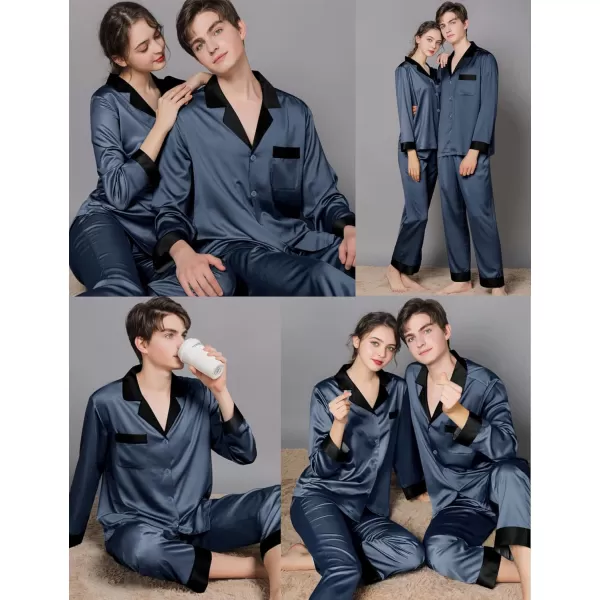 SWOMOG Couples Matching Pajamas Sets Silk Satin Long Sleeve Sleepwear ButtonDown Soft Loungewear Loose Pjs SetMen Deep Grey