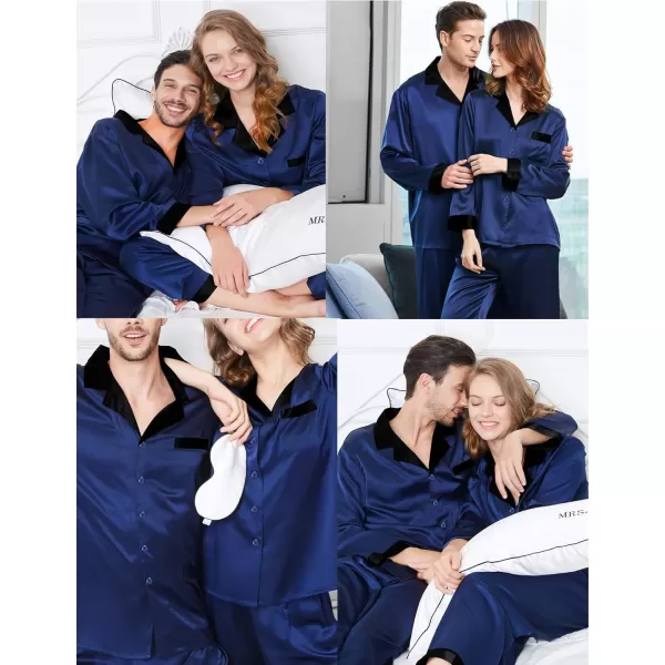 SWOMOG Couples Matching Pajamas Sets Silk Satin Long Sleeve Sleepwear ButtonDown Soft Loungewear Loose Pjs SetMen Deep Navy Blue