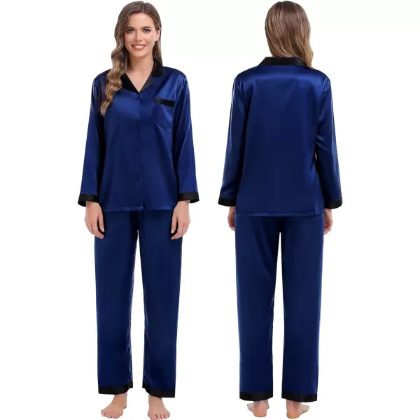 SWOMOG Couples Matching Pajamas Sets Silk Satin Long Sleeve Sleepwear ButtonDown Soft Loungewear Loose Pjs SetMen Deep Navy Blue