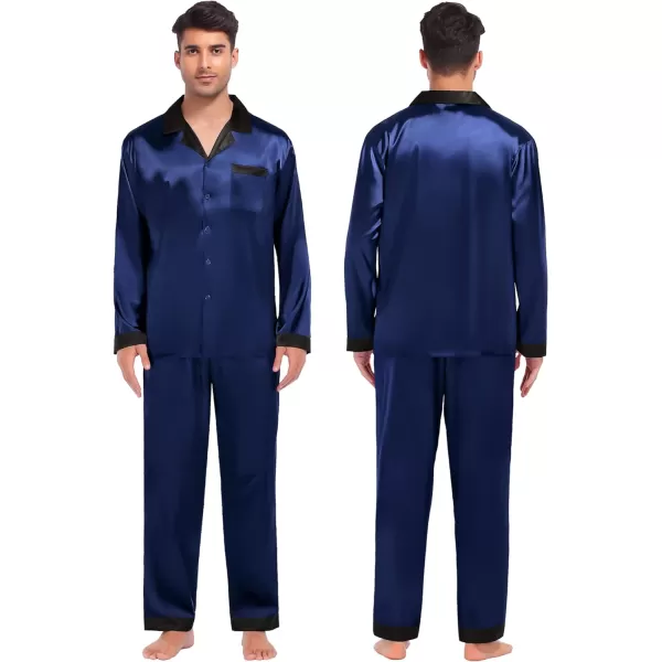 SWOMOG Couples Matching Pajamas Sets Silk Satin Long Sleeve Sleepwear ButtonDown Soft Loungewear Loose Pjs SetMen Deep Navy Blue