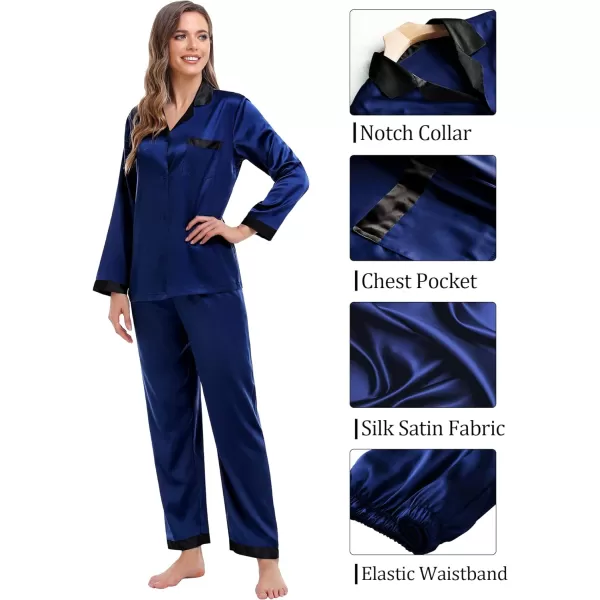 SWOMOG Couples Matching Pajamas Sets Silk Satin Long Sleeve Sleepwear ButtonDown Soft Loungewear Loose Pjs SetMen Deep Navy Blue