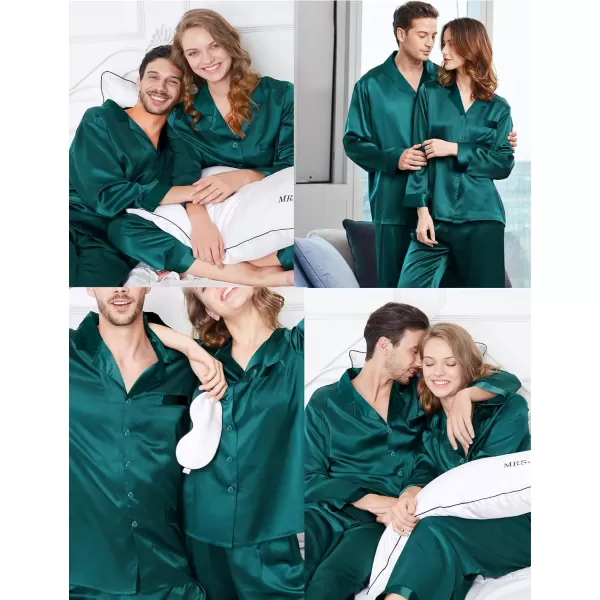 SWOMOG Couples Matching Pajamas Sets Silk Satin Long Sleeve Sleepwear ButtonDown Soft Loungewear Loose Pjs SetMen Pure Green