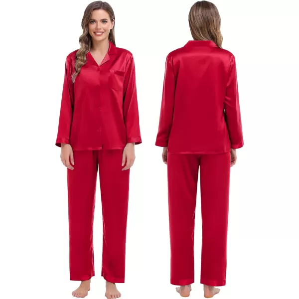 SWOMOG Couples Matching Pajamas Sets Silk Satin Long Sleeve Sleepwear ButtonDown Soft Loungewear Loose Pjs SetMen Pure Red