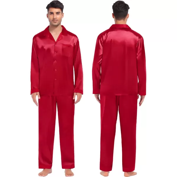 SWOMOG Couples Matching Pajamas Sets Silk Satin Long Sleeve Sleepwear ButtonDown Soft Loungewear Loose Pjs SetMen Pure Red