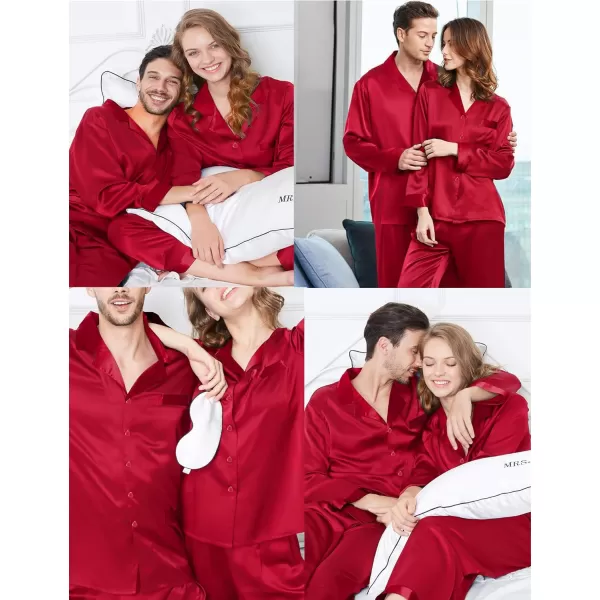 SWOMOG Couples Matching Pajamas Sets Silk Satin Long Sleeve Sleepwear ButtonDown Soft Loungewear Loose Pjs SetMen Pure Red