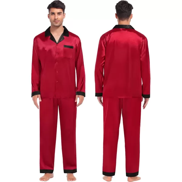 SWOMOG Couples Matching Pajamas Sets Silk Satin Long Sleeve Sleepwear ButtonDown Soft Loungewear Loose Pjs SetMen Red