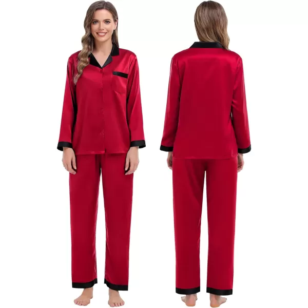 SWOMOG Couples Matching Pajamas Sets Silk Satin Long Sleeve Sleepwear ButtonDown Soft Loungewear Loose Pjs SetMen Red