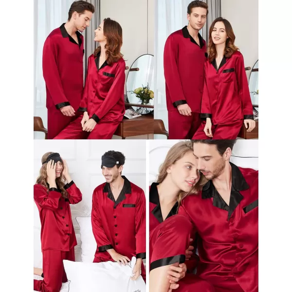 SWOMOG Couples Matching Pajamas Sets Silk Satin Long Sleeve Sleepwear ButtonDown Soft Loungewear Loose Pjs SetMen Red