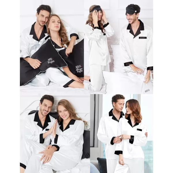 SWOMOG Couples Matching Pajamas Sets Silk Satin Long Sleeve Sleepwear ButtonDown Soft Loungewear Loose Pjs SetMen White