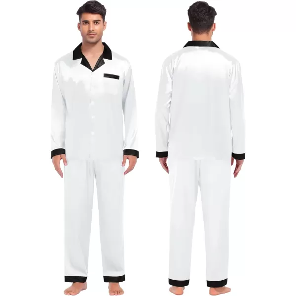 SWOMOG Couples Matching Pajamas Sets Silk Satin Long Sleeve Sleepwear ButtonDown Soft Loungewear Loose Pjs SetMen White