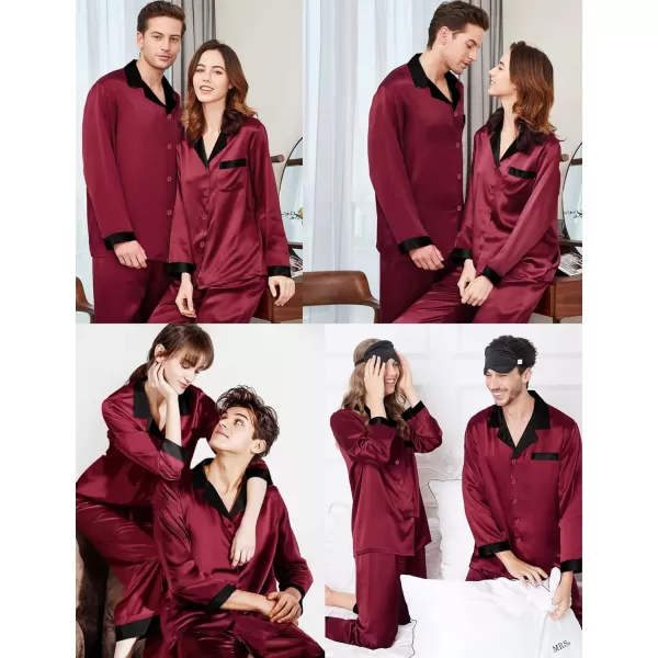 SWOMOG Couples Matching Pajamas Sets Silk Satin Long Sleeve Sleepwear ButtonDown Soft Loungewear Loose Pjs SetMen Wine Red