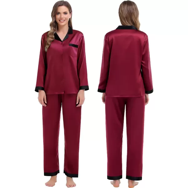 SWOMOG Couples Matching Pajamas Sets Silk Satin Long Sleeve Sleepwear ButtonDown Soft Loungewear Loose Pjs SetMen Wine Red